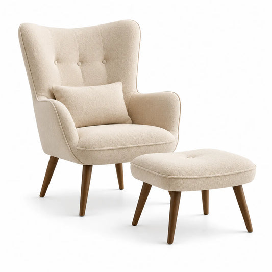 Polstersessel mit Hocker aus Holz und Polyester Beige