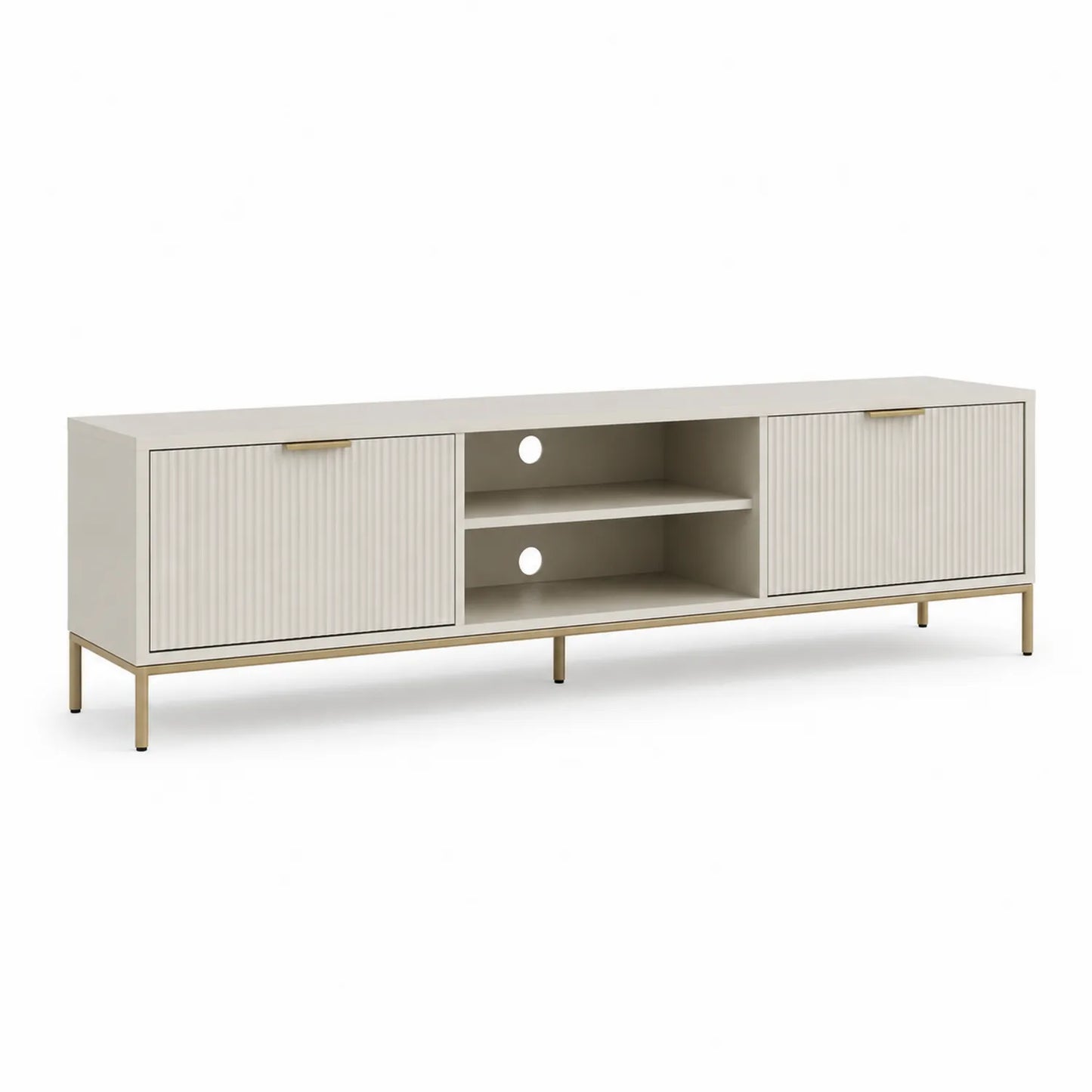 TV-Schrank mit zwei Türen und offenen Fächern in Kunststoff, Metallbeinen, 180x40x50 cm