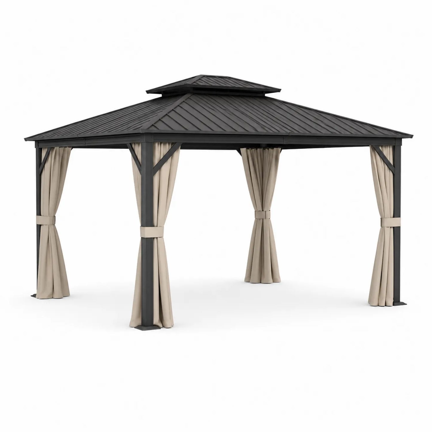 Metallpavillon mit Polyester-Vorhängen 4x3m Beige Stahlrahmen Aluminiumdach