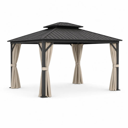 Metallpavillon mit Polyester-Vorhängen 4x3m Beige Stahlrahmen Aluminiumdach