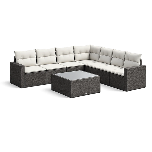 Polyrattan Ecksofa-Set mit Kissen und Tisch, Grau/Weiß, 280 cm