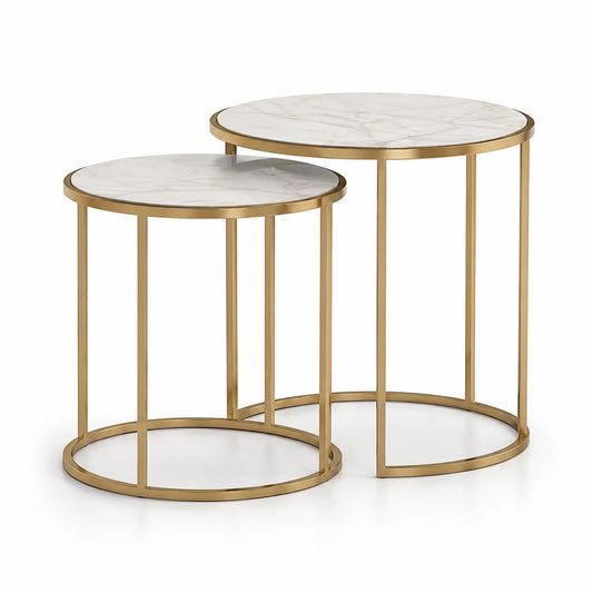 Beistelltisch Set mit Marmordesign und Metallrahmen, 2-teilig, Weiß/Gold