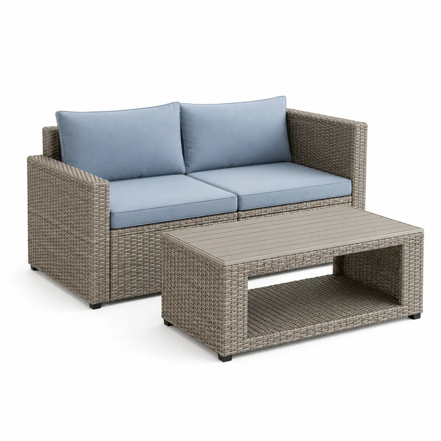 Rattan 2-Sitzer Sofa Set mit Tisch in Grau und Blau