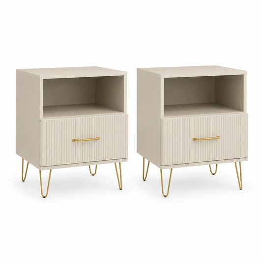 Set aus 2 Nachttischen mit Schublade und Regal MDF Metall Beige Gold