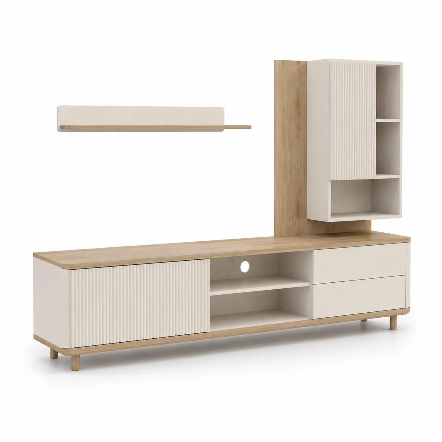 TV-Möbel Set mit Wandschrank und Regal, Holzoptik, Cremeweiß, Spanplatte
