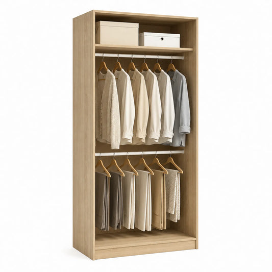 Holz Kleiderschrank mit 2 Kleiderstangen und Regal, Eichenfurnier, 200x100x50 cm